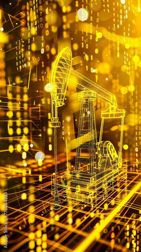 Digitizing Drilling Rig digital yellow drilling rig machine with glowing data stream symbolizes ...
