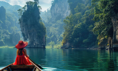 A girl in a red dress and hat standing on the bow of an open boat, rowing through green water with towering rock formations rising from the surface