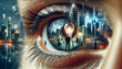 for advertisement and banner as Entrepreneur Dream An eye capturing the entrepreneurial spirit and startup dreams. in Macro close up eye reflection theme ,Full depth of field, high quality ,include co