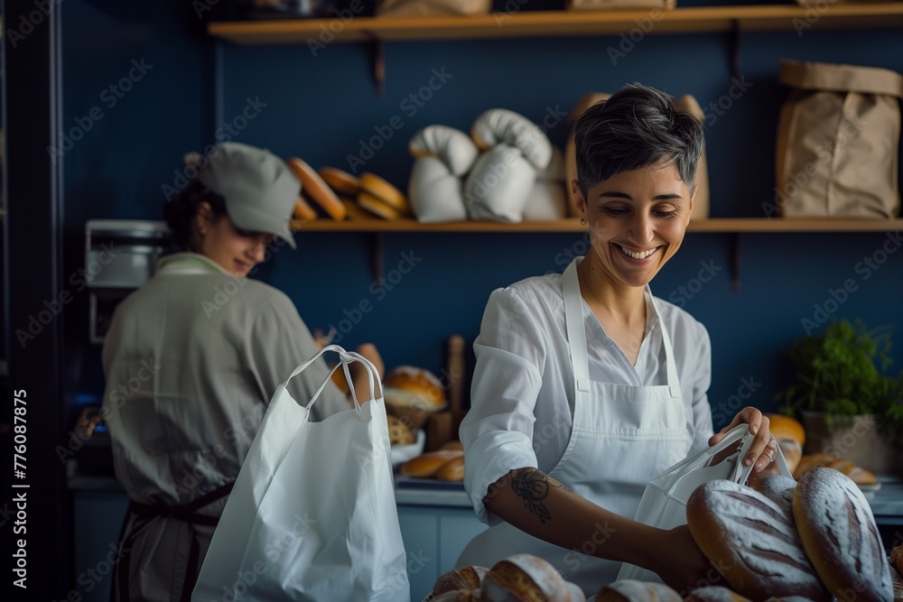 A cheerful female baker in an apron hands bread to the customer, who is ...