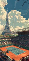 Tennis court concept for the Paris 2024 Olympic Games with the Eiffel Tower in the background in high resolution and quality. aspect ratio 9:16