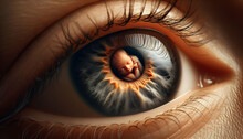 For Advertisement And Banner As Maternal Gaze A Macro Eye Shot Capturing The Tender Moments Of Motherhood. In Macro Close Up Eye Reflection Theme ,Full Depth Of Field, High Quality ,include Copy Space