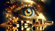 for advertisement and banner as Reflection of Riches The reflection in an eye showcases the glowing allure of freshly minted gold bars. in Gold Crafting theme ,Full depth of field, high quality ,inclu