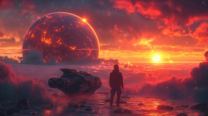 Wall Mural - man standing in front of spaceship on the ground