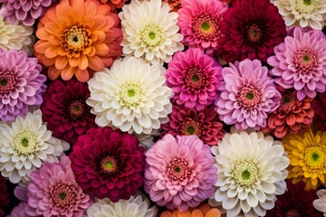  chrysanthemums in various colors, captured from above. flowers are arranged to create an intricate pattern with different shades of reds, pinks, yellows, purples and white