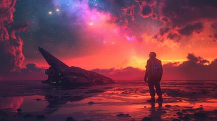 Wall Mural - man standing in front of spaceship on the ground