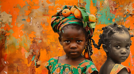 couple of happy african children on orange background