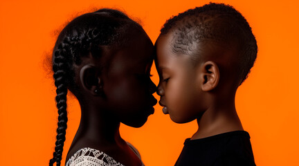 couple of happy african children on orange background