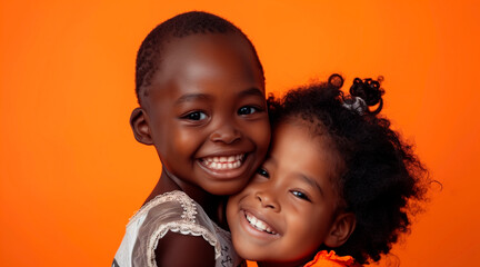 couple of happy african children on orange background