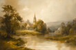 Vintage Church Painting - beautiful Landscape and neutral colors