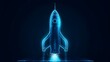 Digital rockets launch into outer space. Boosting and taking off career concepts. Abstract spaceship in blue on a technological background. blue neon rocket illustration with 3D effect.