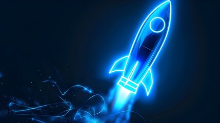 Wall Mural - Digital rockets launch into outer space. Boosting and taking off career concepts. Abstract spaceship in blue on a technological background. blue neon rocket illustration with 3D effect.