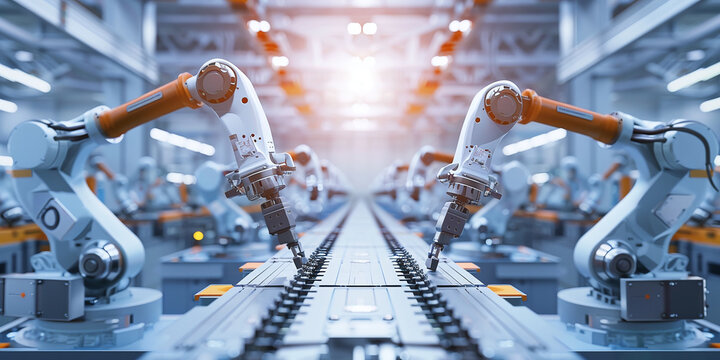Automated robotic arms assembling components in a high-tech electronics manufacturing facility