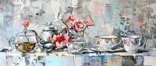High Tea Party Still Life. Oil Painting With Vintage Antique Silver Tea And Coffee Set On White Tablecloth And Teacup Vase Of Roses.