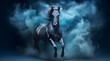 Black horse galloping in white mysterious smoke or fog on black background