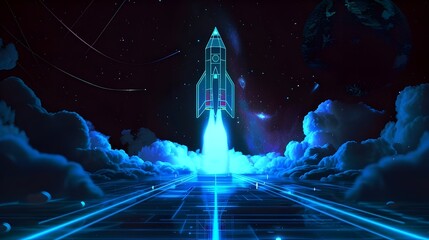 Wall Mural - Digital rockets launch into outer space. Boosting and taking off career concepts. Abstract spaceship in blue on a technological background. blue neon rocket illustration with 3D effect.