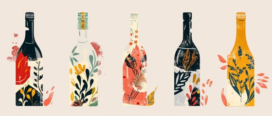 Sticker - A set of different shaped and colored alcohol bottles. Abstract flat design modern illustration isolated on white.