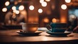 Two coffee cups sit invitingly on a warm, wooden table, highlighted by the bokeh glow of circular lights in a cozy cafe setting, exuding a serene and welcoming atmosphere.