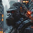 Cyberenhanced gorilla leading a rebellion in a techslum, powerful and intelligent, dystopian wildlife leader , sci-fi tone, technology