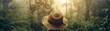 Adventurers safari hat, whimsical forest background, misty morning light, dreamlike