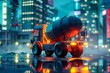 © Pairat - Futuristic cement mixer truck, neon glow, under construction skyscraper, night scene