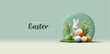 Happy Easter, banner, 3D advertisement. Visualization of Easter eggs, rabbit, and flowers on a green podium. Modern stylish composition for advertising materials. Vector