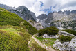 Im alpinen Hochgebirge - bizarres Geröll mit spärlichem Bewuchs und schroffe Felsformationen. Landschaftsfoto.