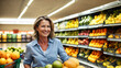 Beautiful middle-aged woman smiles while shopping at the supermarket with her trolley in the fruit section