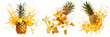 Set of pineapples exploding and bursting into pieces with juice splatters in different directions, isolated on a white or transparent background. Fruit explosion, pineapple juice splashes, side view.