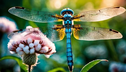 Wall Mural - A detailed close-up of a blue dragonfly perched elegantly atop cotton-like flowers, its translucent wings shimmering against a softly blurred background.