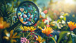 An artistic depiction showing a magnifying glass focused on a heartbeat trace with various colored pills shaped like hearts and a serene background of medicinal plants