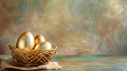 Wall Mural - Golden eggs and the basket, investment concept of don't put eggs in one basket, diversify on investment and portfolio management