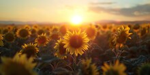 Sunflower Field, Late Bloomers Against Setting Sun, Farewell Summer Banner 