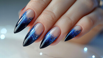 Gel nail extension dark blue. Blue manicure in light and dark colors close up hand