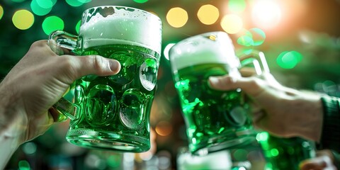 Canvas Print - Green beer mugs clinking, close-up, celebration vibe for St. Patrickâ€™s Day background