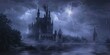 Gothic castle, lightning strike, dramatic and spooky setting for Halloween 