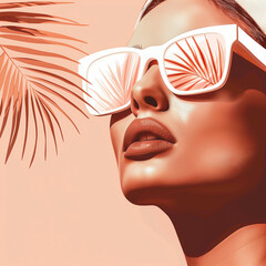 Fashion portrait of a beautiful woman in sunglasses with palm leaves. 