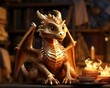 Dragon, sitting on a bookshelf, reading a fantasy novel The dragons scales shimmer like gold in the soft candlelight Illustration, Golden hour, Depth of field bokeh effect