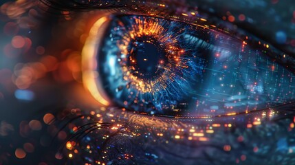 Wall Mural - A close up of a blue eye with orange and blue lights surrounding it. The eye is surrounded by a blurry, colorful background. The eye is the main focus of the image