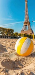 Wall Mural - Yellow volleyball on a sand court with the Eiffel Tower in the background during the day, concept of the Paris 2024 Olympic Games, aspect ratio 9:16 in high resolution and high quality HD