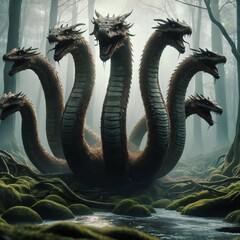 Hydra, a many-headed monster from ancient Greek mythology. When it loses a head, it grows two new ones. Water snake. Deadly breath and poisonous saliva. Lernaean Hydra or Hydra of Lerna. Generative AI