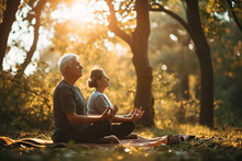 An Elderly Couple Meditates In A City Park. Active Lifestyle In