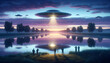 UFO sighting by witnesses at dawn near a serene lake, ideal for sci-fi or mystery themed content and event promotions.
