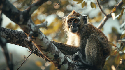 Wall Mural - white tailed macaque monkey sitting on the tree , wildlife , mammal animal