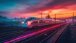 A train is traveling down the tracks with a bright red and purple sky in the background. The train is surrounded by a colorful glow, giving the impression of a futuristic or sci-fi setting