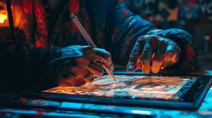 A person is writing on a tablet with a pen. The tablet is displaying a drawing of a person's face. The person is wearing a black jacket and has tattoos on their arm. Scene is creative and artistic