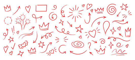 Wall Mural - Set of red pen line doodle element vector. Hand drawn doodle style collection of heart, arrows, scribble, flower, star, crown, scribble. Design for print, cartoon, card, decoration, sticker