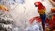  A colorful parrot feasting on tropical fruits in a lush jungle clearing against a snowy white backdrop
