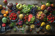 A colorful array of fresh fruits arranged artfully on a rustic wooden table, inviting viewers to indulge in the vibrant flavors of nature