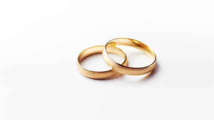 Golden wedding rings and flowers. Two upright gold wed bands isolated on white background.